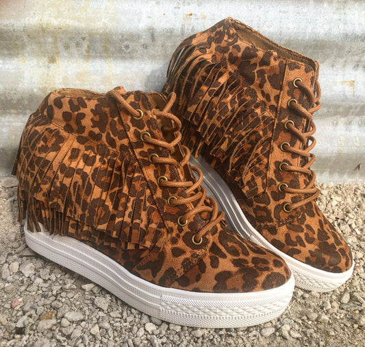 Not Rated LEOPARD Suede Fringe Hi Top Hidden Wedge Tennis Shoes